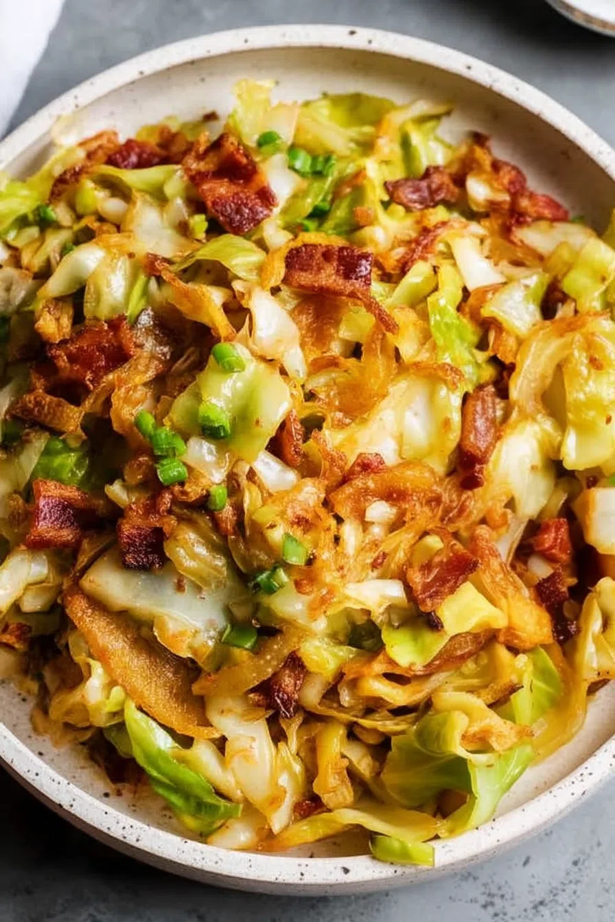 Hearty dish with caramelized vegetables on a white serving plate.