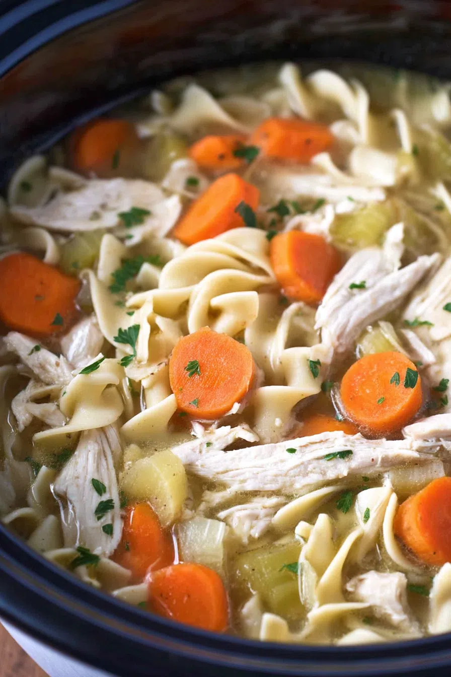 Close-up of a hearty soup with colorful carrots and tender noodles.