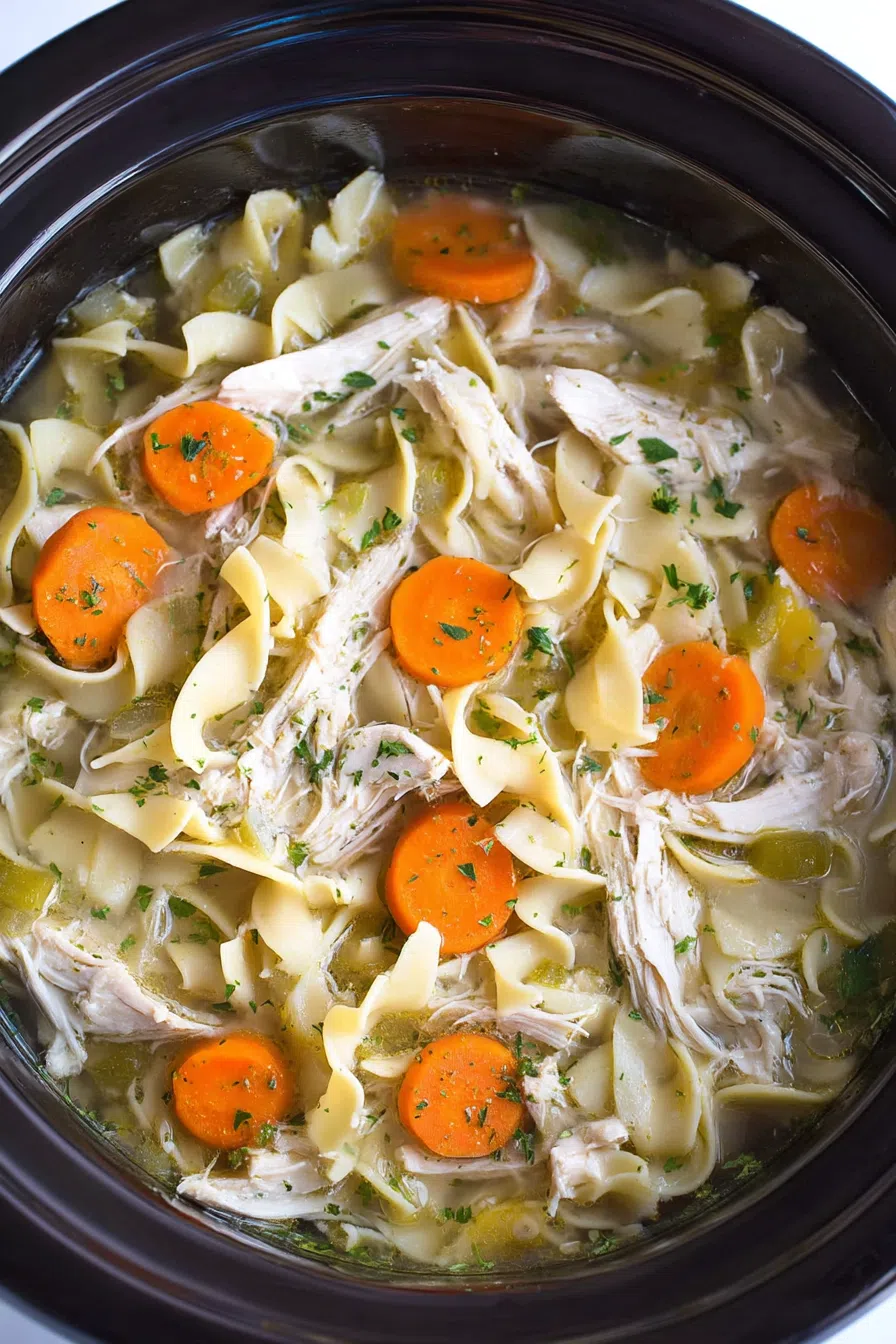 Steaming bowl filled with noodles, vegetables, and shredded meat in a light broth.