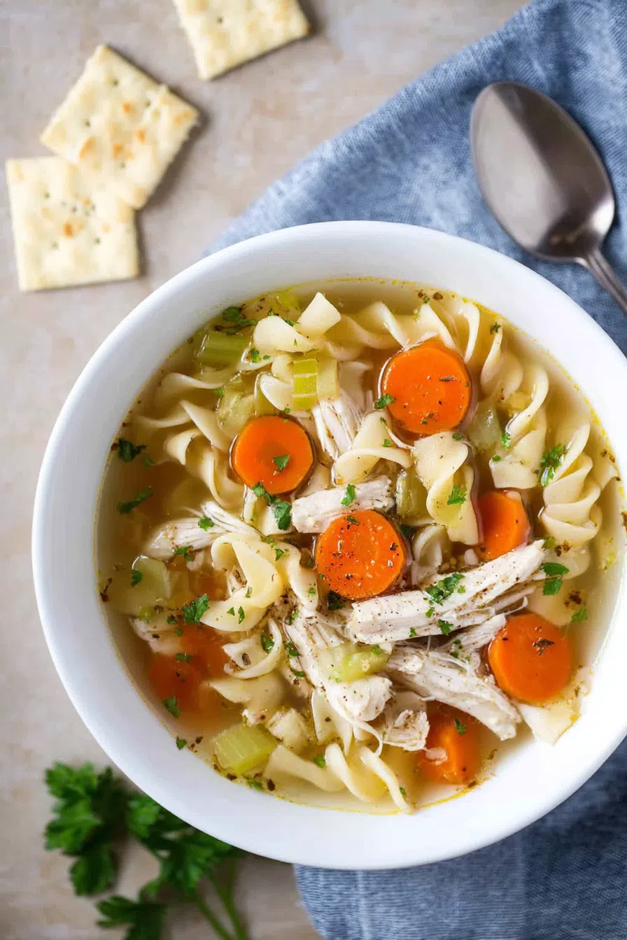 Overhead shot of a rustic soup in a white bowl on a wooden table.