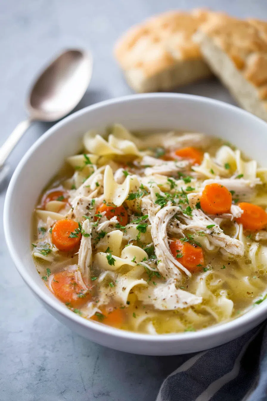Warm, brothy dish with golden noodles and chunks of meat, ready to eat.