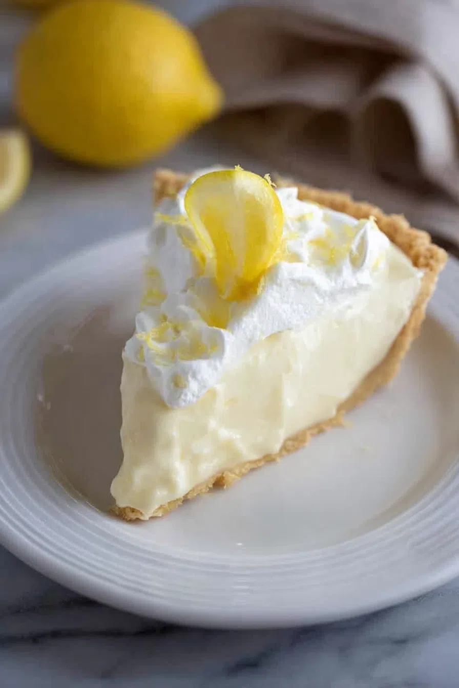 Slice of creamy yellow dessert topped with whipped cream on a white plate.