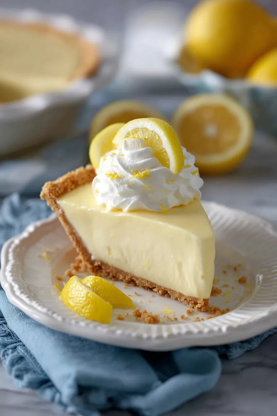 Light and airy dessert slice on a porcelain plate with a dollop of cream.