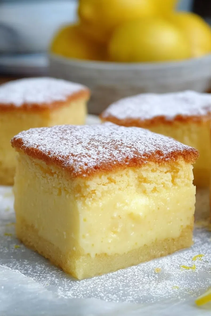 Close-up of a fork cutting into a moist, golden square on a dessert plate.