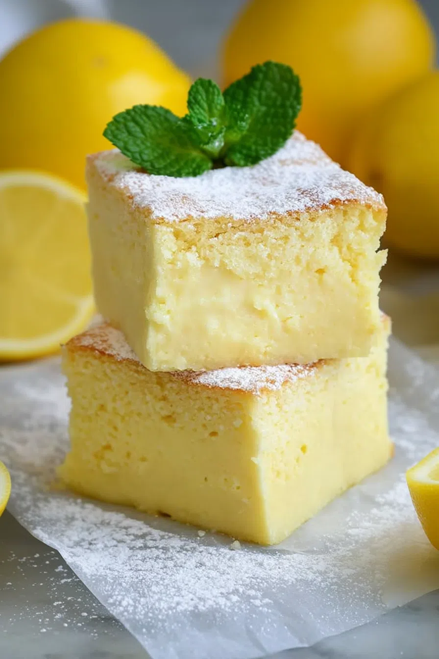 A slice of layered dessert with a light dusting of powdered sugar on top.