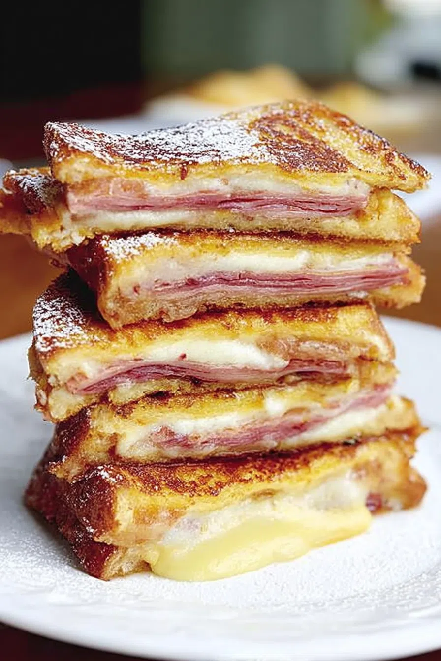 Close-up of a layered sandwich with melted cheese and crisp edges.