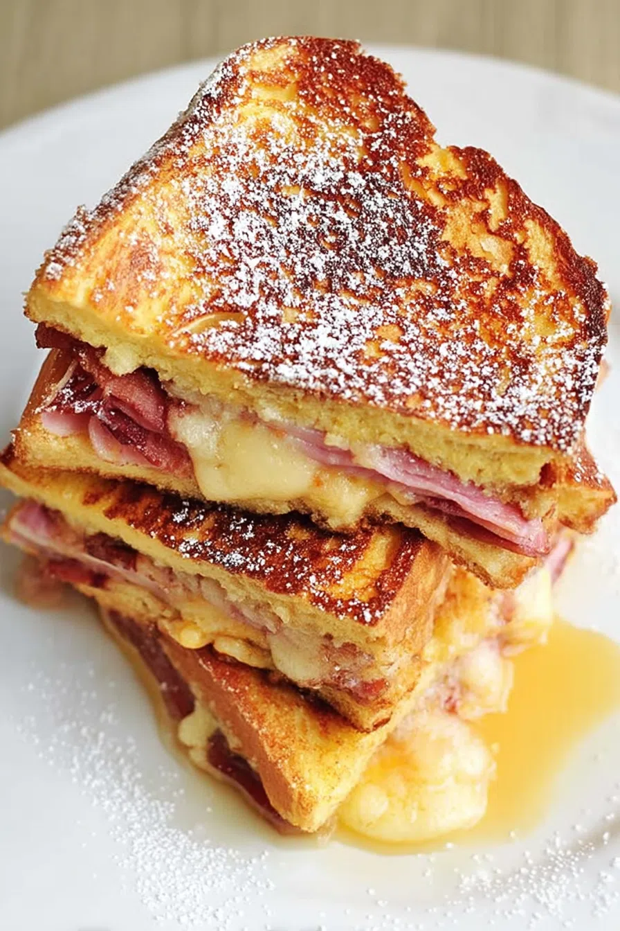 Stacked sandwich halves showing melted cheese and layers of meat inside.