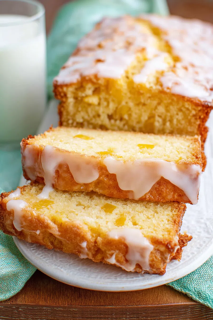 Close-up of a golden loaf with a moist, tender crumb and a slightly crisp top.