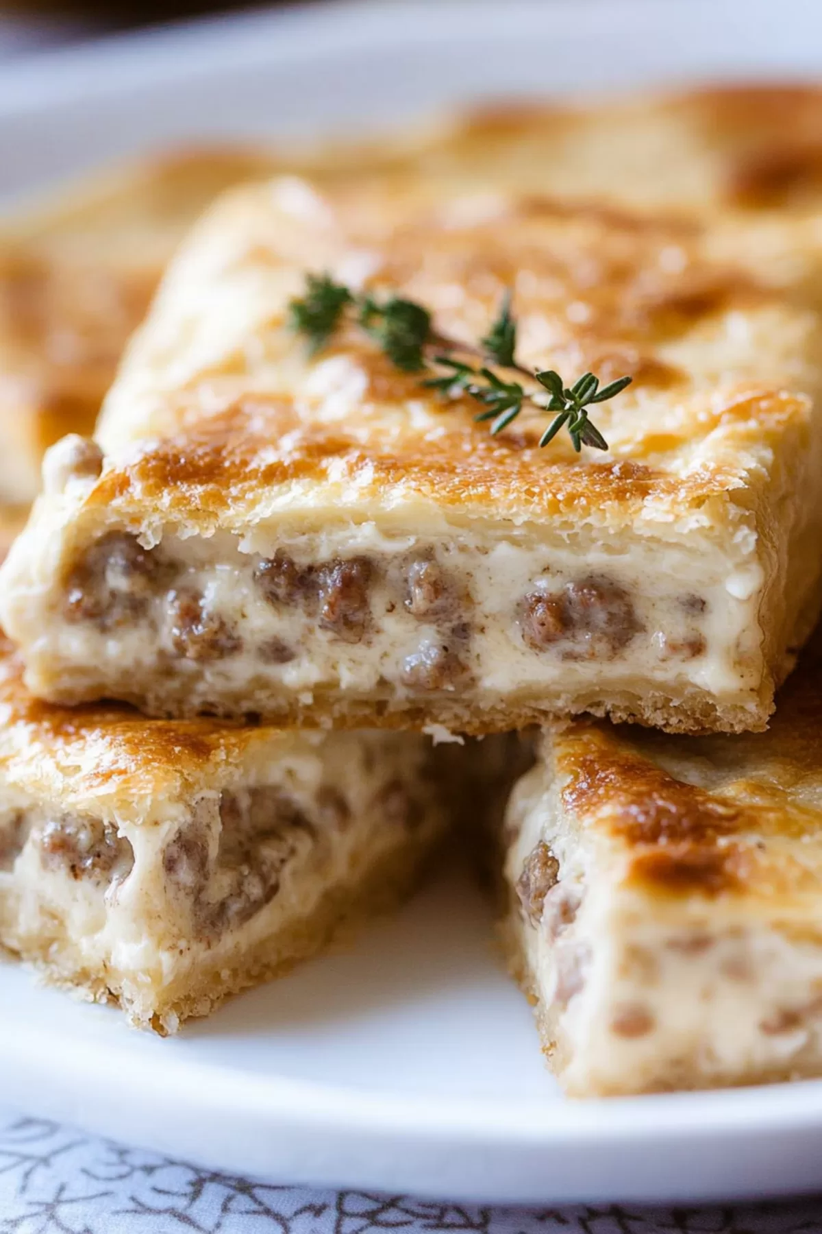 Close-up of a sliced bake revealing a rich cream cheese and sausage filling.