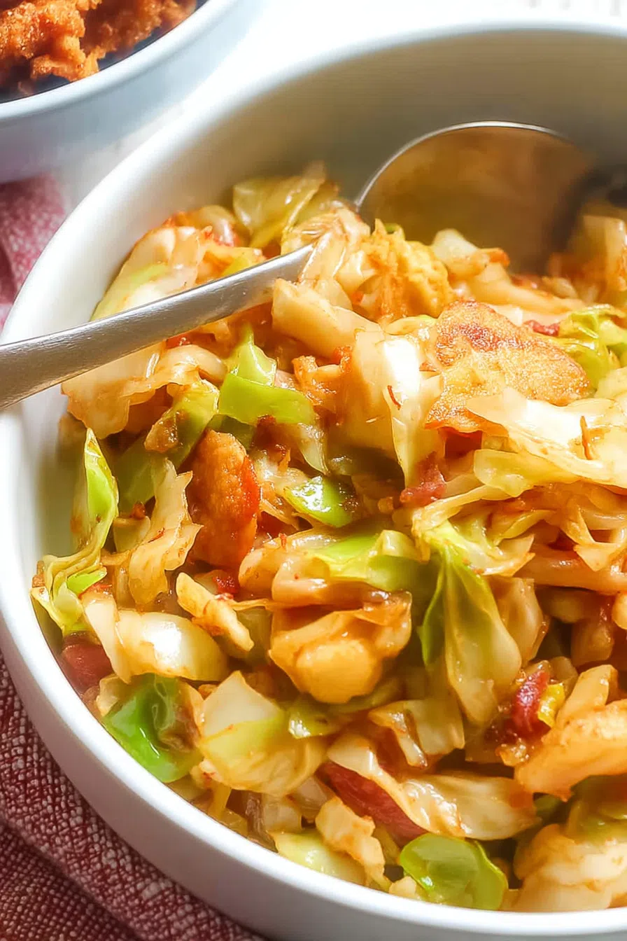 Close-up of tender greens mixed with golden-brown cooked pieces.