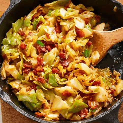 Rustic comfort food served in a cast iron pan on a wooden table.