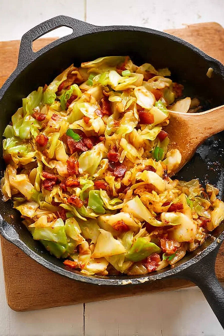 Rustic comfort food served in a cast iron pan on a wooden table.