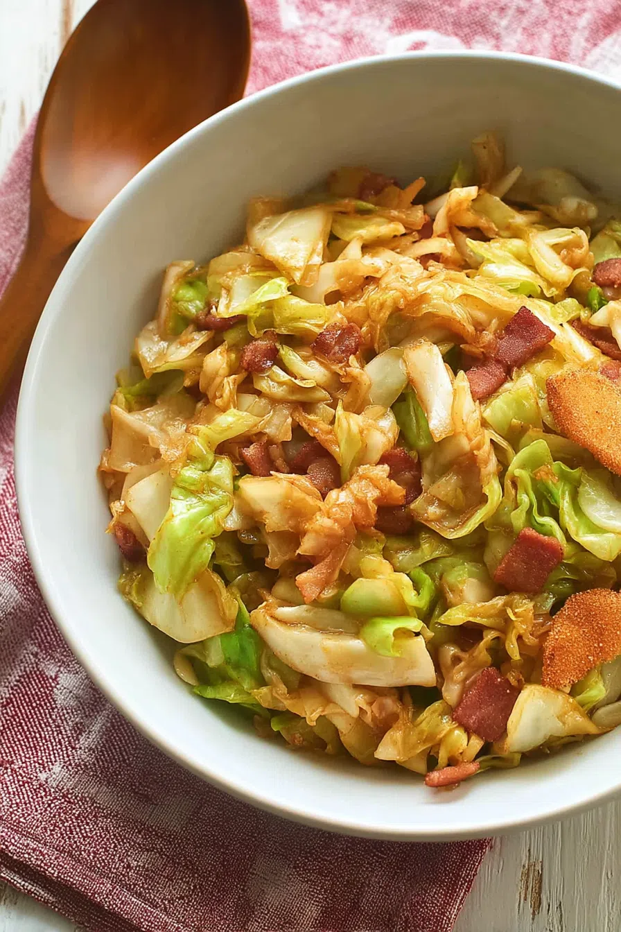 Warm, homey meal portioned into a white bowl with a serving spoon nearby.