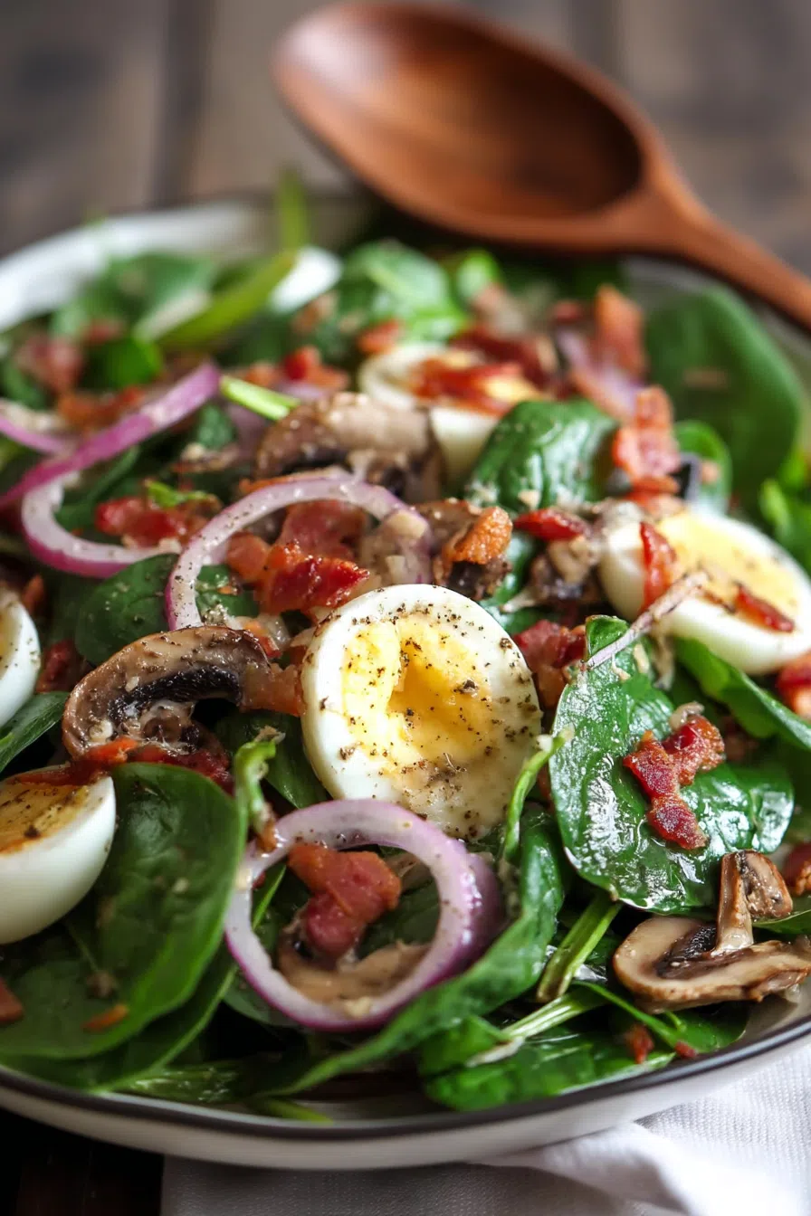 Close-up of a forkful of greens with bits of caramelized onion and bacon.