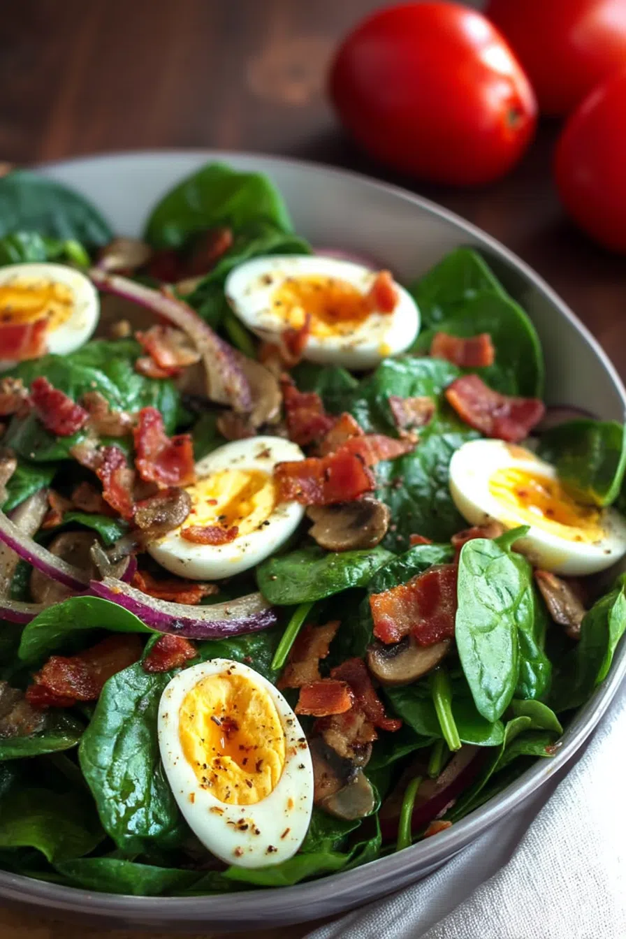 Serving bowl filled with a leafy mixture, garnished with red onions and eggs.