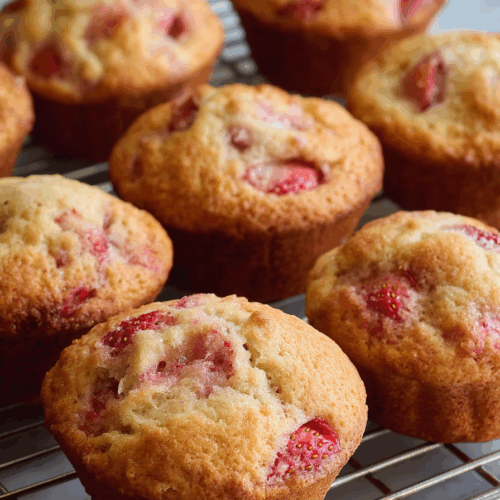 Close-up shot of a fluffy interior with visible chunks of fresh fruit.