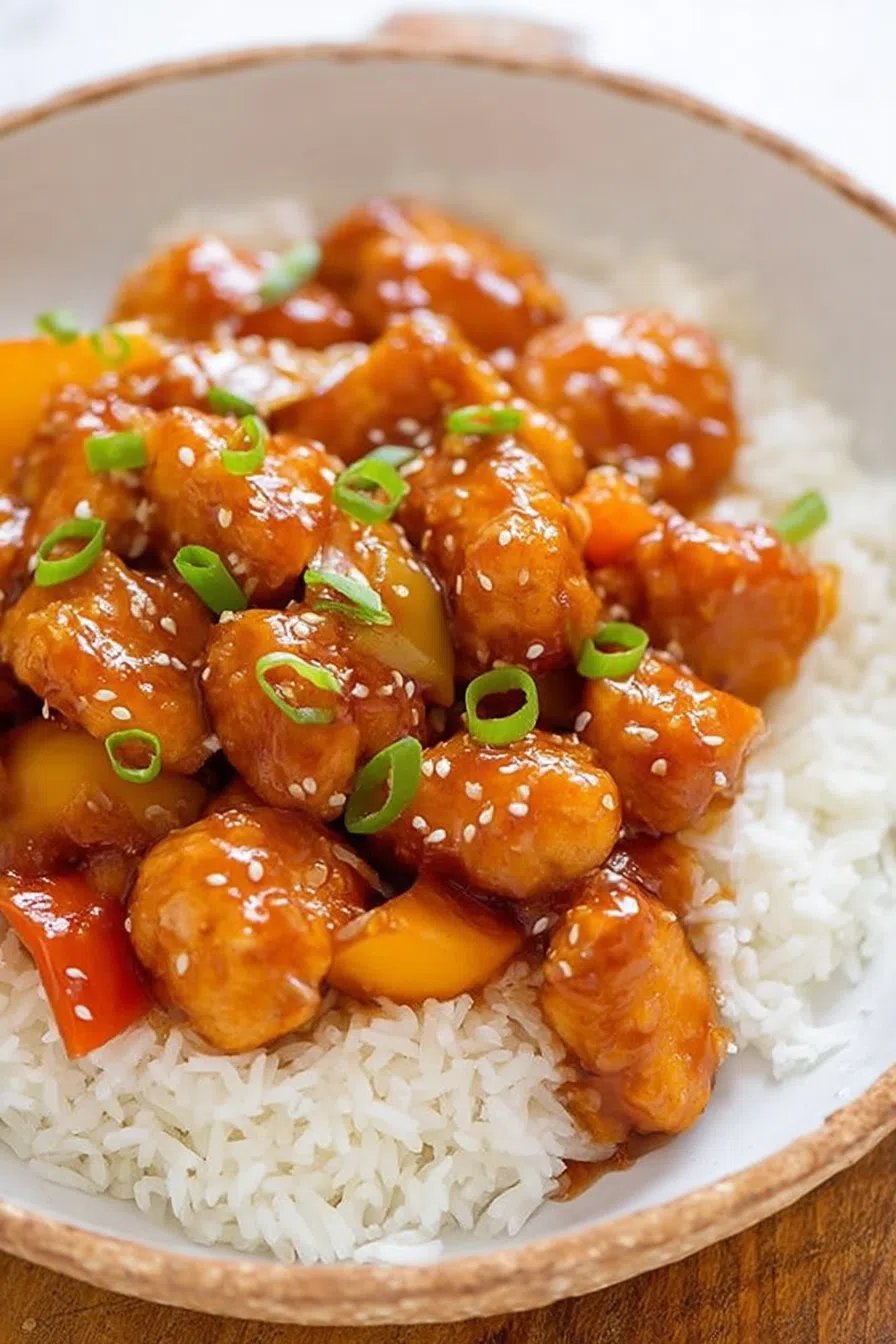 Overhead view of a savory dish served with white rice and sesame seeds.