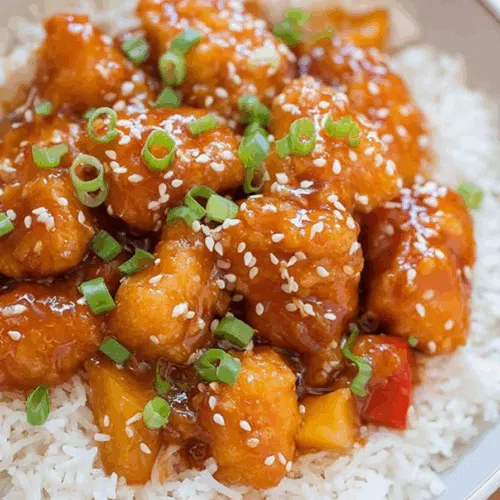 Close-up of bite-sized meat and vegetables tossed in a sticky glaze.