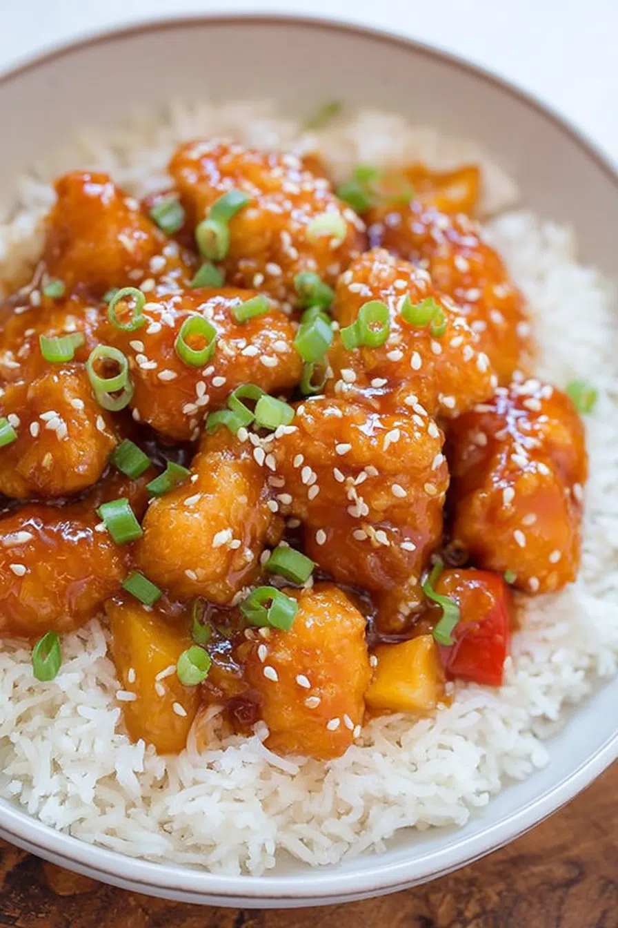 Close-up of bite-sized meat and vegetables tossed in a sticky glaze.
