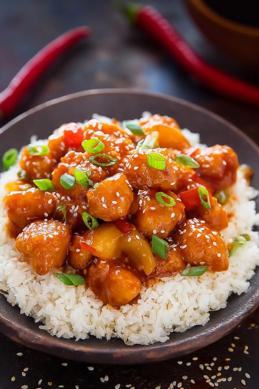 Plated dish with glossy, sauce-coated chicken pieces and colorful bell peppers.