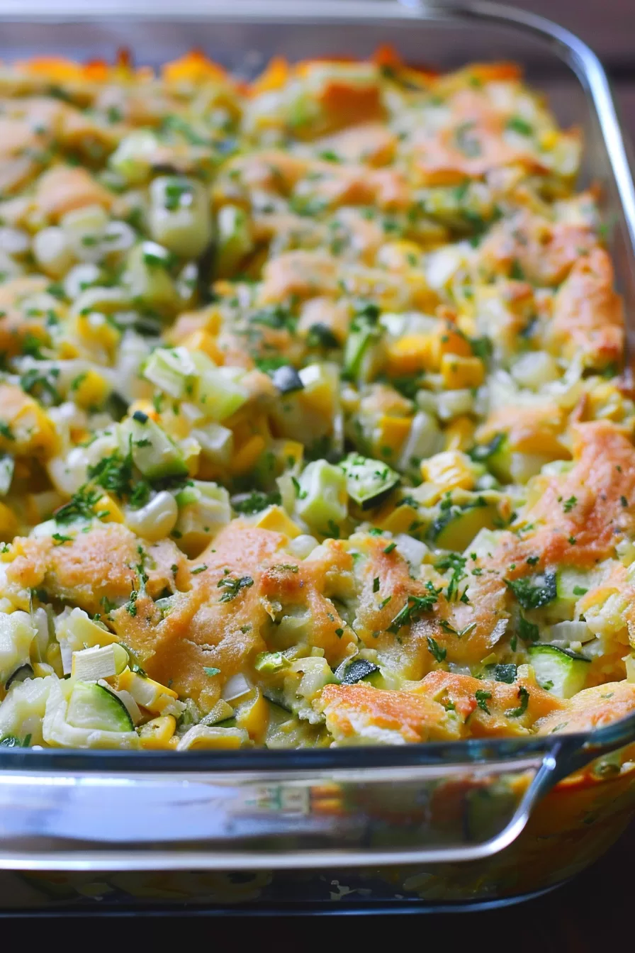 Close-up of a creamy, cheesy casserole with zucchini and corn