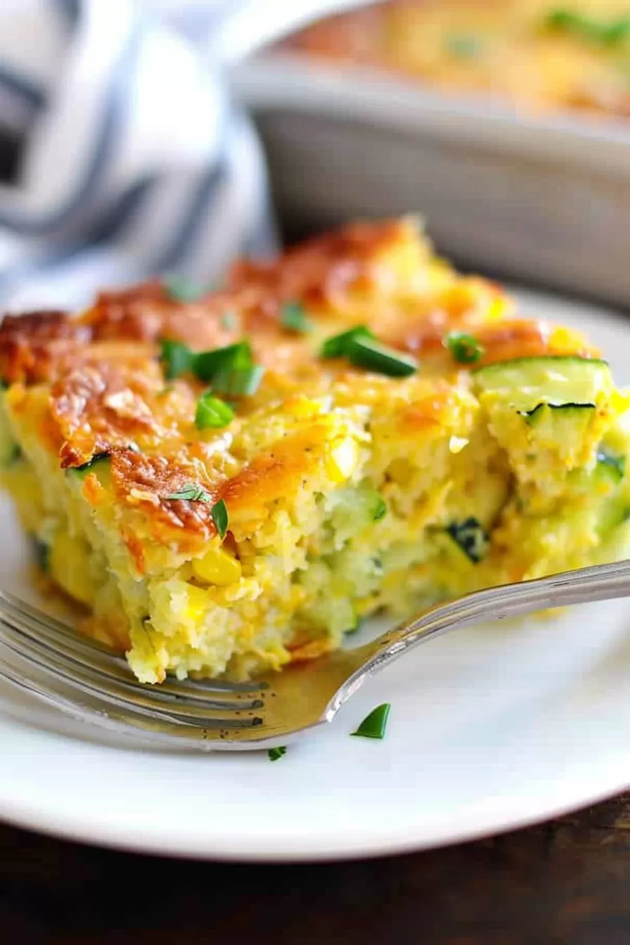 Single serving of casserole on a plate, showing a slice with zucchini and corn