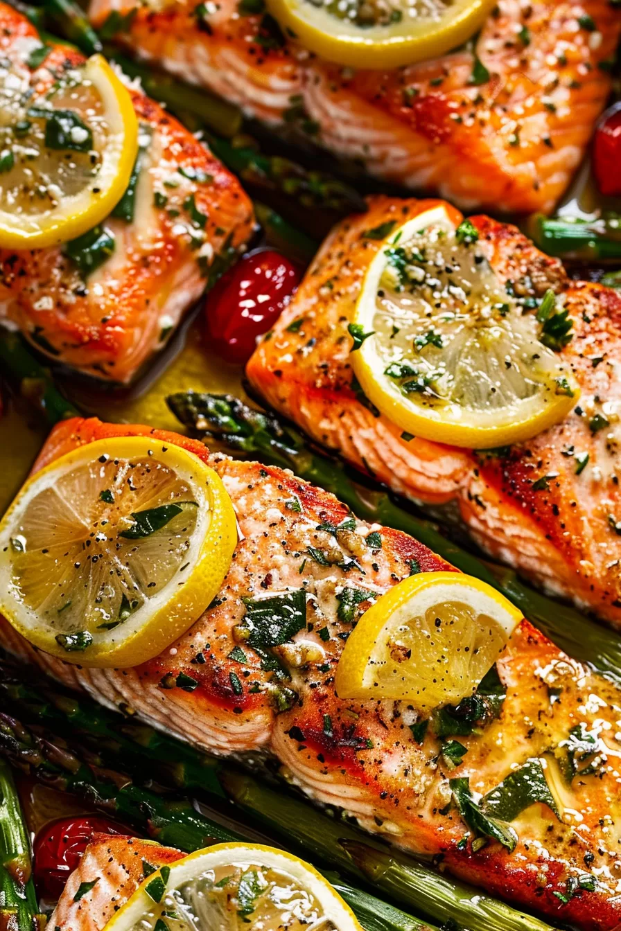 Baked Salmon with Asparagus, Lemon, Garlic and Butter Sauce