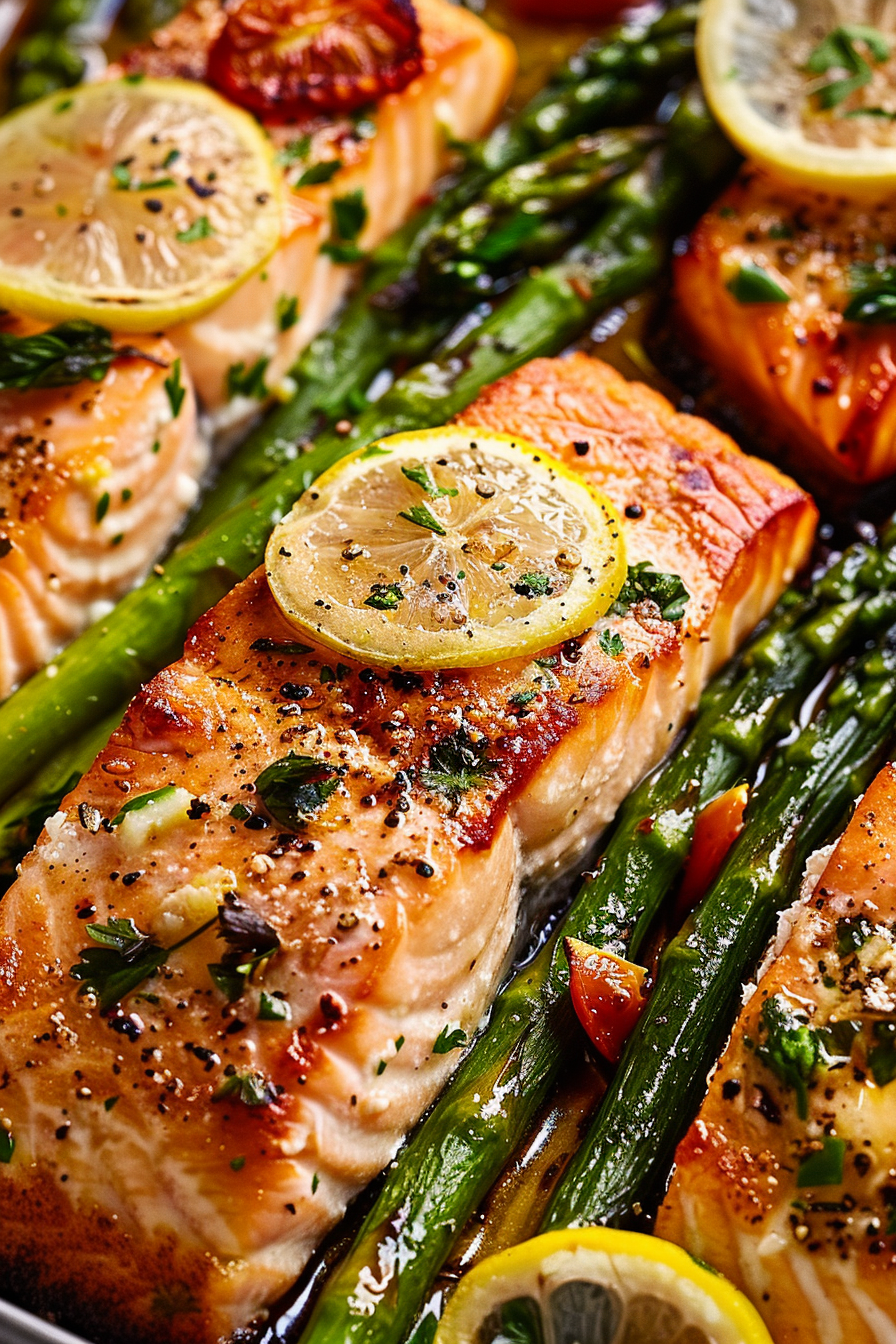 Baked Salmon with Asparagus, Lemon, Garlic and Butter Sauce