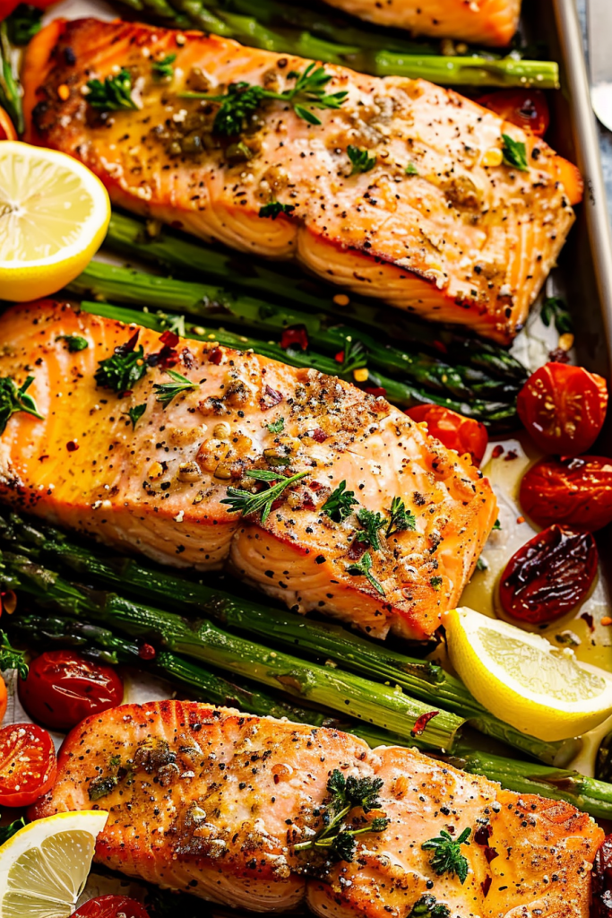 Baked Salmon with Asparagus, Lemon, Garlic and Butter Sauce