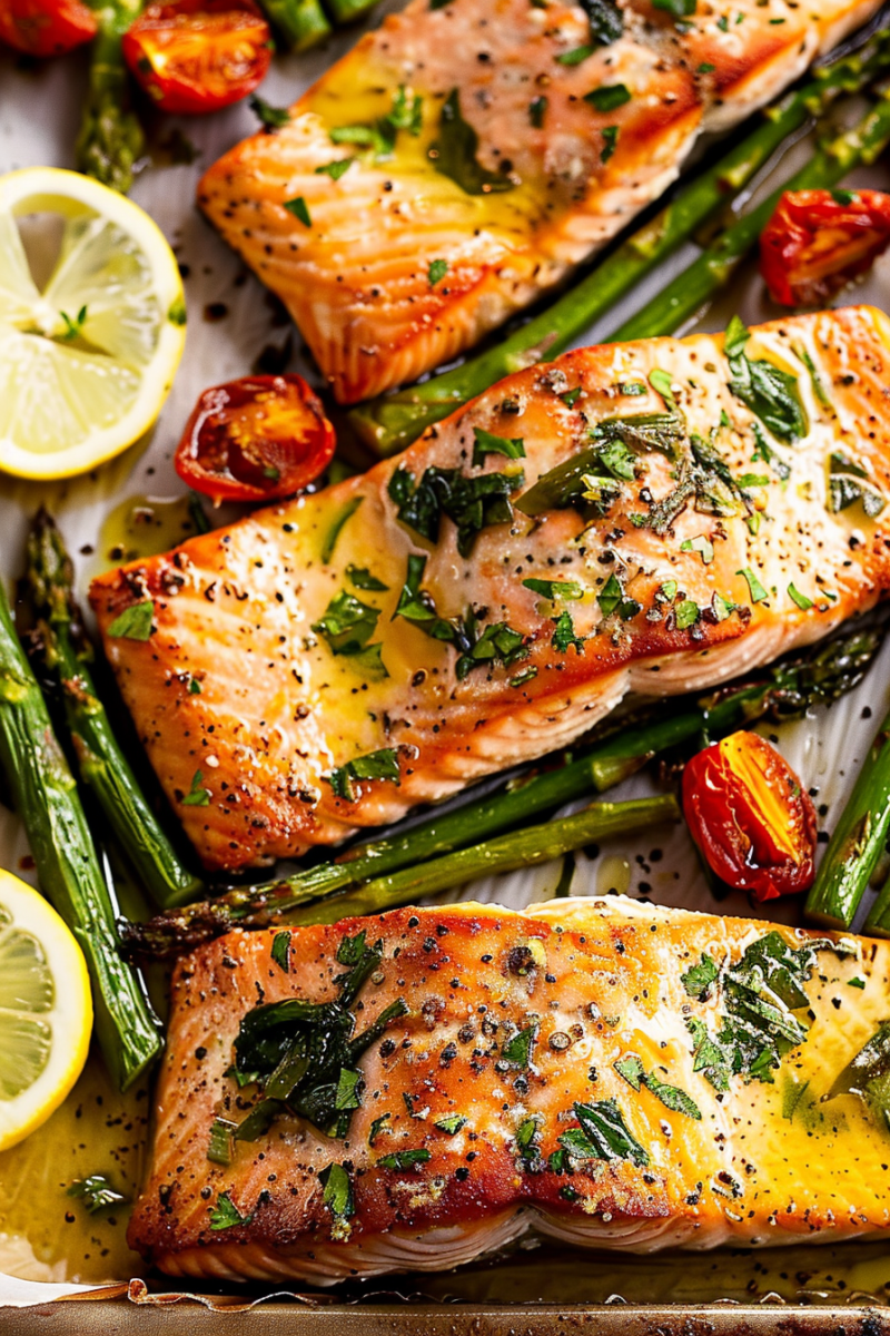 Baked Salmon with Asparagus, Lemon, Garlic and Butter Sauce