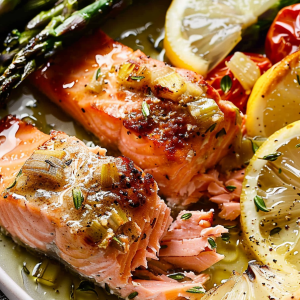 Baked Salmon with Asparagus, Lemon, Garlic and Butter Sauce