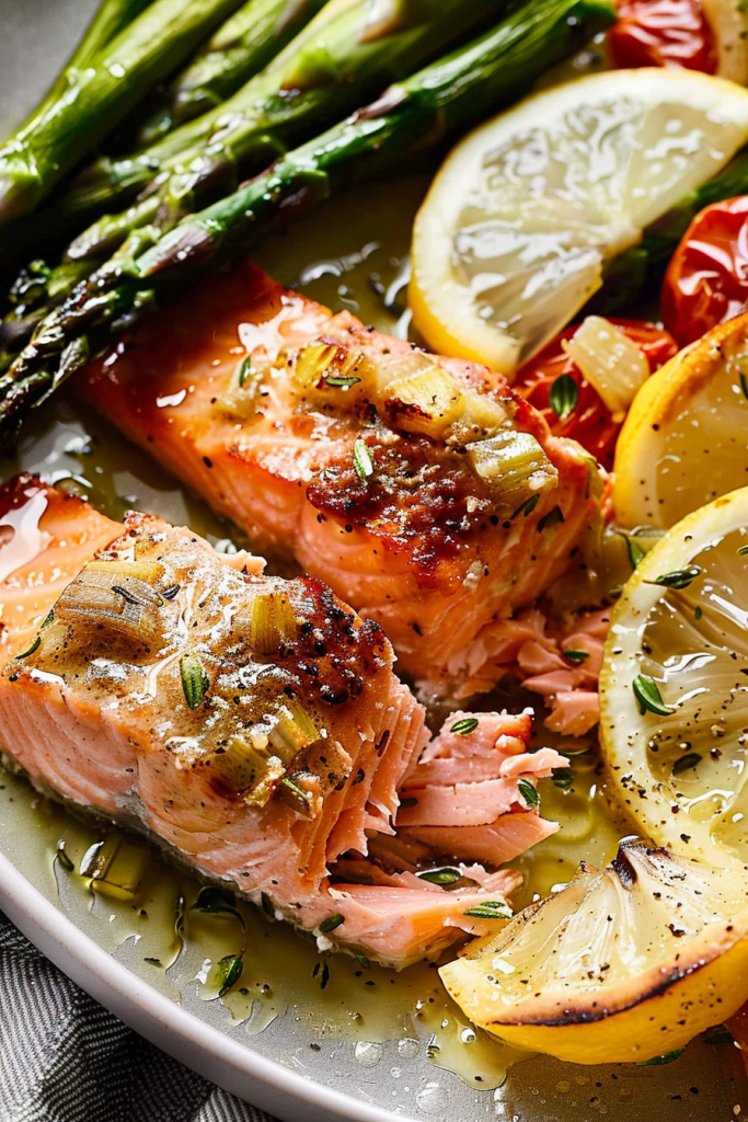 Baked Salmon with Asparagus, Lemon, Garlic and Butter Sauce