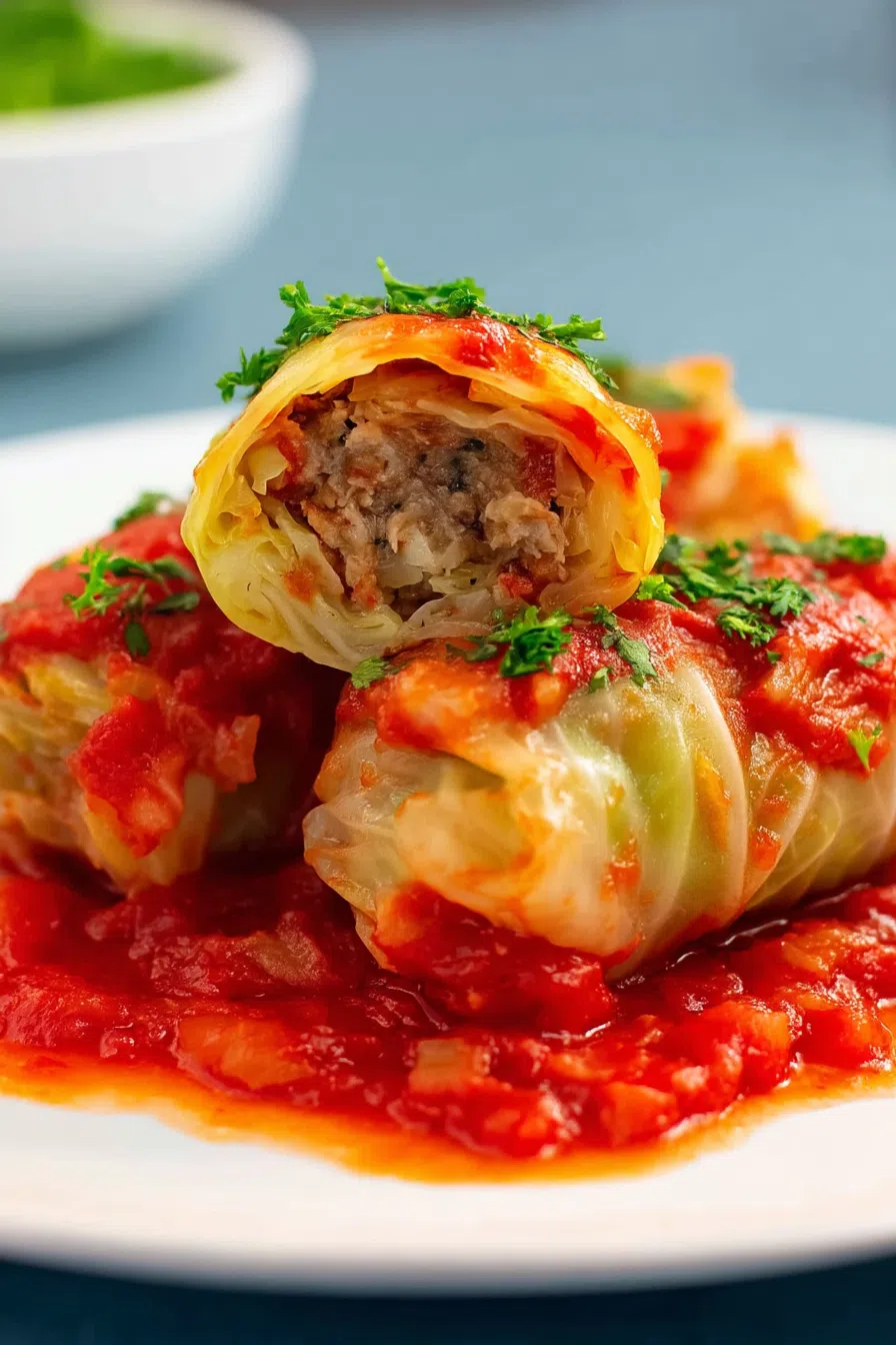 Serving dish filled with baked rolls in a rustic red sauce.