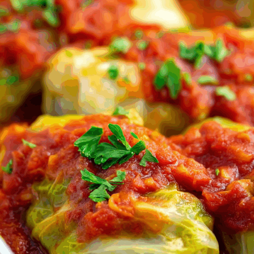 A savory dish plated with rich tomato sauce and herbs.