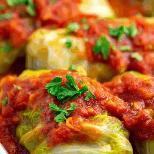 A savory dish plated with rich tomato sauce and herbs.