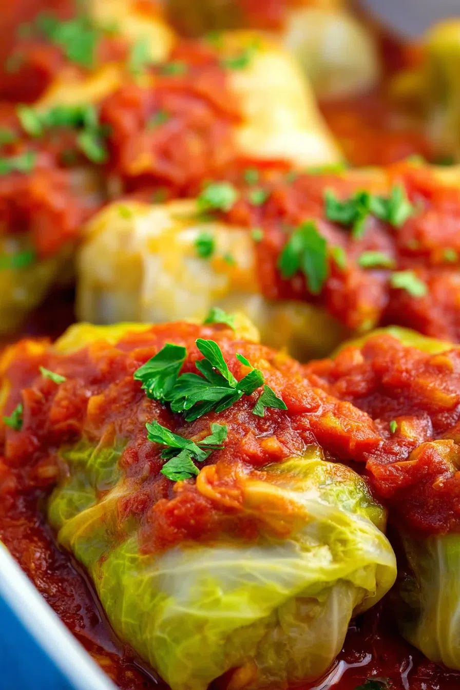 A savory dish plated with rich tomato sauce and herbs.