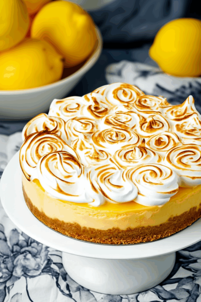 Creamy layered treat on a white dish, with a smooth yellow filling and fluffy topping.