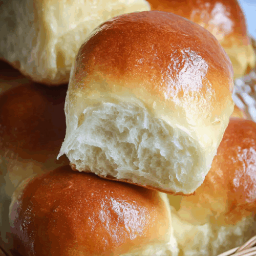 Close-up of fluffy bread with a glossy, browned top.