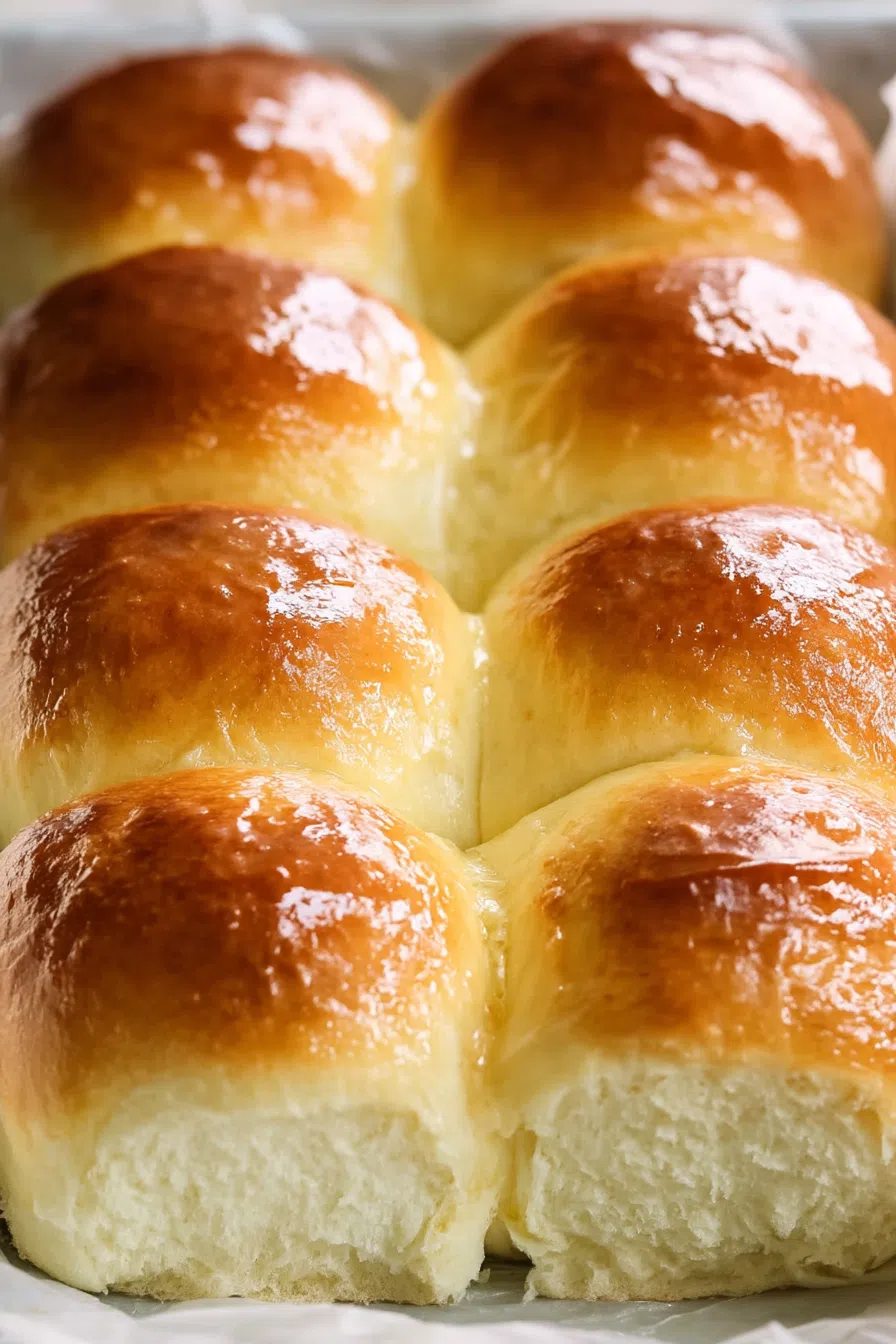 Overhead view of warm rolls brushed with melted butter.