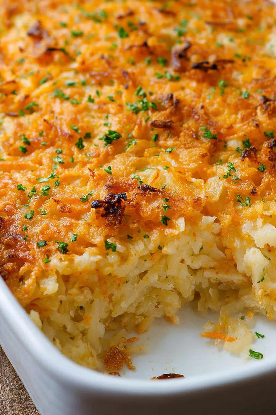 Close-up of a cheesy, bubbly casserole with a browned crust fresh from the oven.