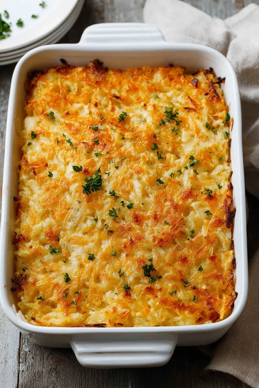 Warm and inviting baked meal shown from above in a deep casserole dish.