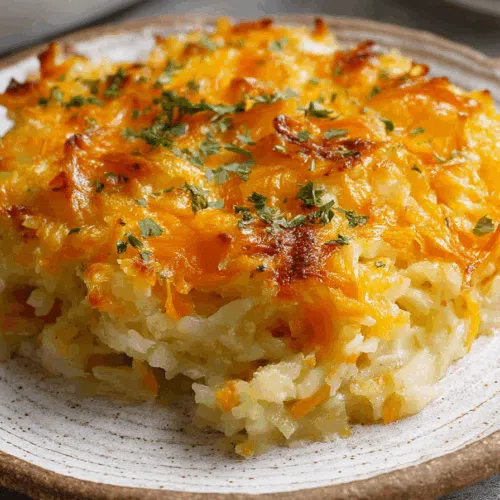 Portion of a warm, cheesy casserole served on a neutral-colored plate.