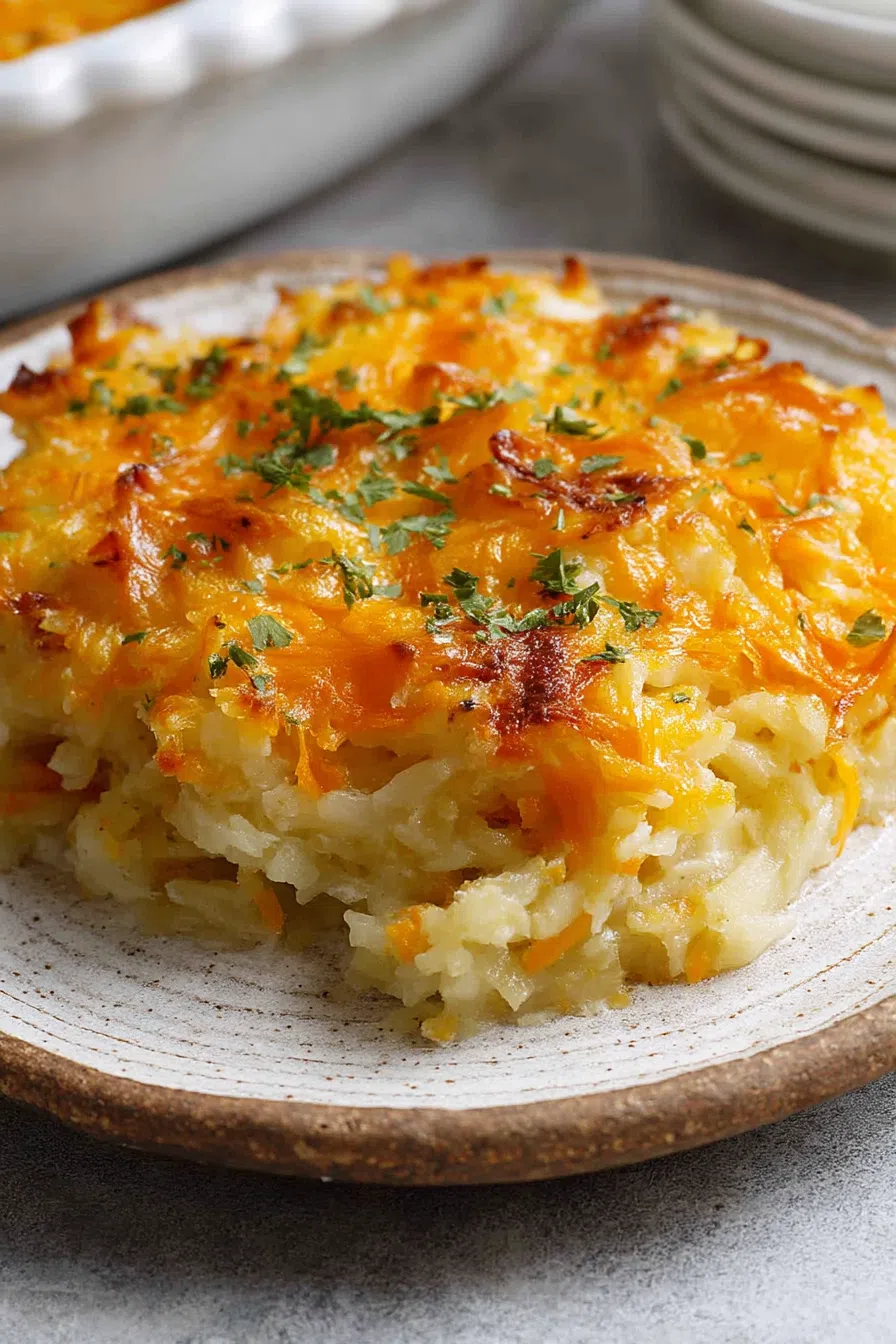 Portion of a warm, cheesy casserole served on a neutral-colored plate.