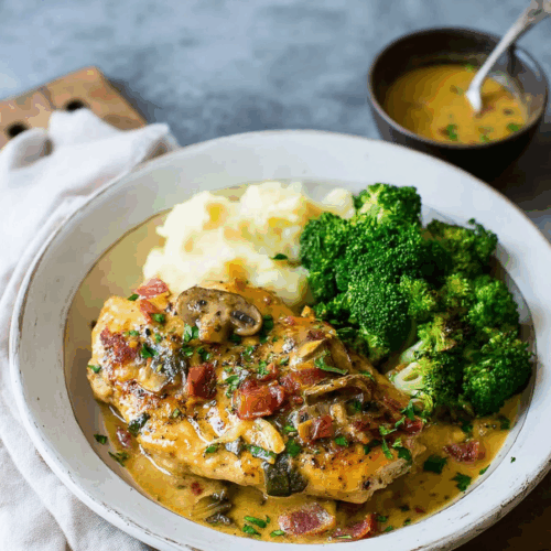 Juicy chicken served with a golden, glossy glaze and fresh herbs.