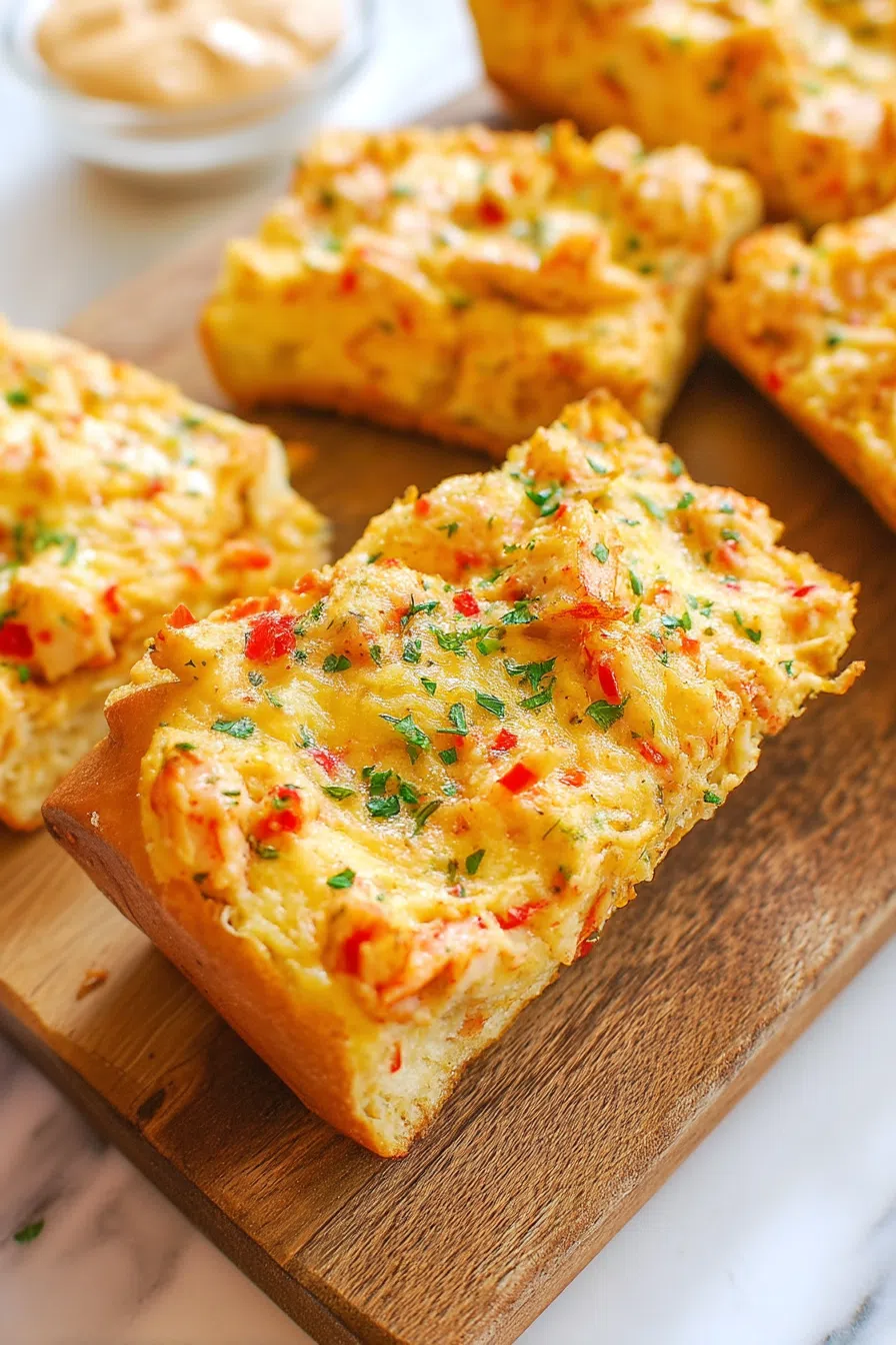 Golden, cheesy stuffed loaf sliced and ready to serve on a wooden board.