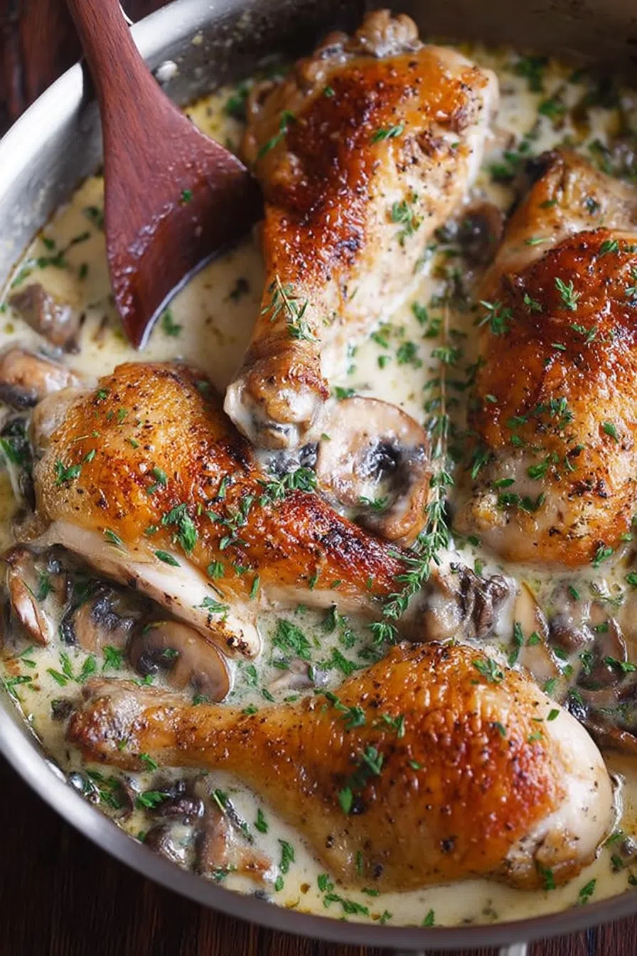 Golden brown chicken in a white sauce served in a cast iron skillet.