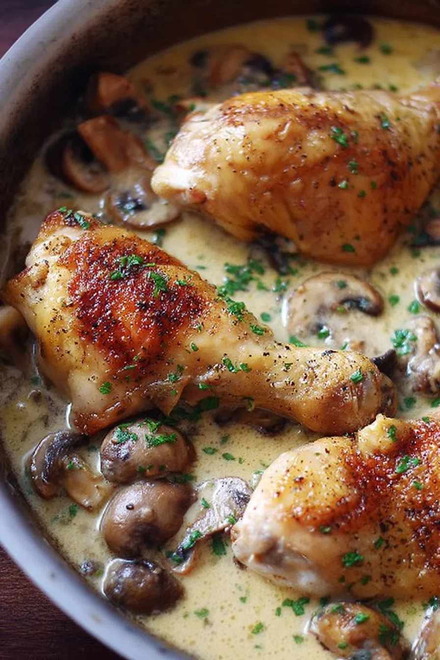 Saucy chicken pieces nestled in a deep bowl with browned edges.