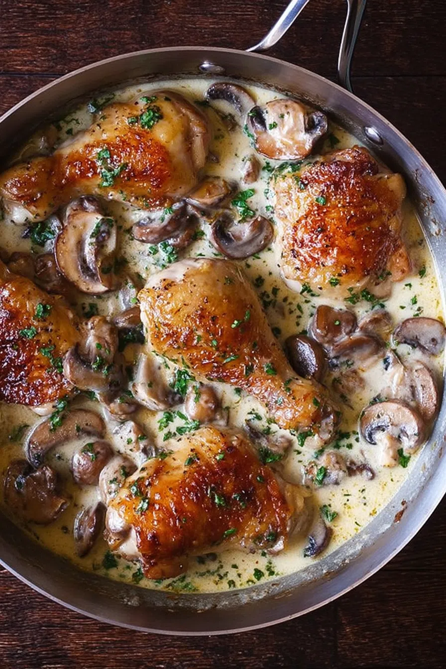 Golden-roasted chicken served in a skillet with a rich, creamy sauce.
