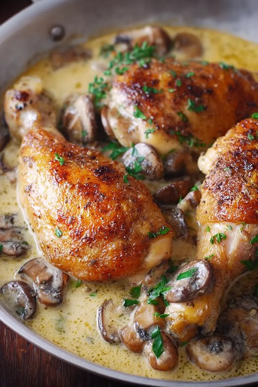 Close-up of tender baked chicken resting in a mushroom-studded gravy.