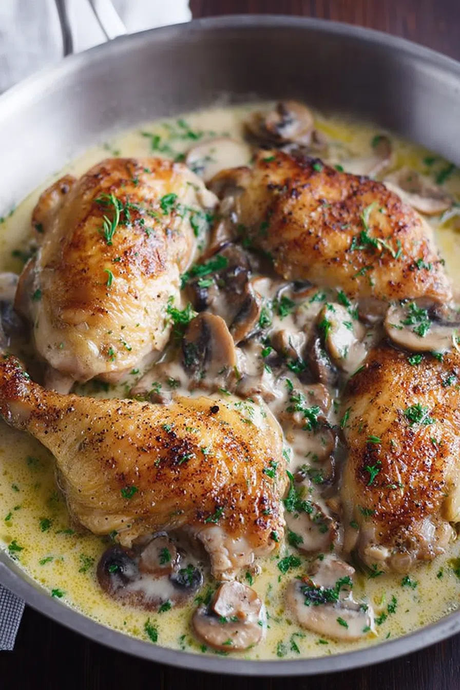 Plated serving of chicken with a velvety sauce and fresh herbs on top.